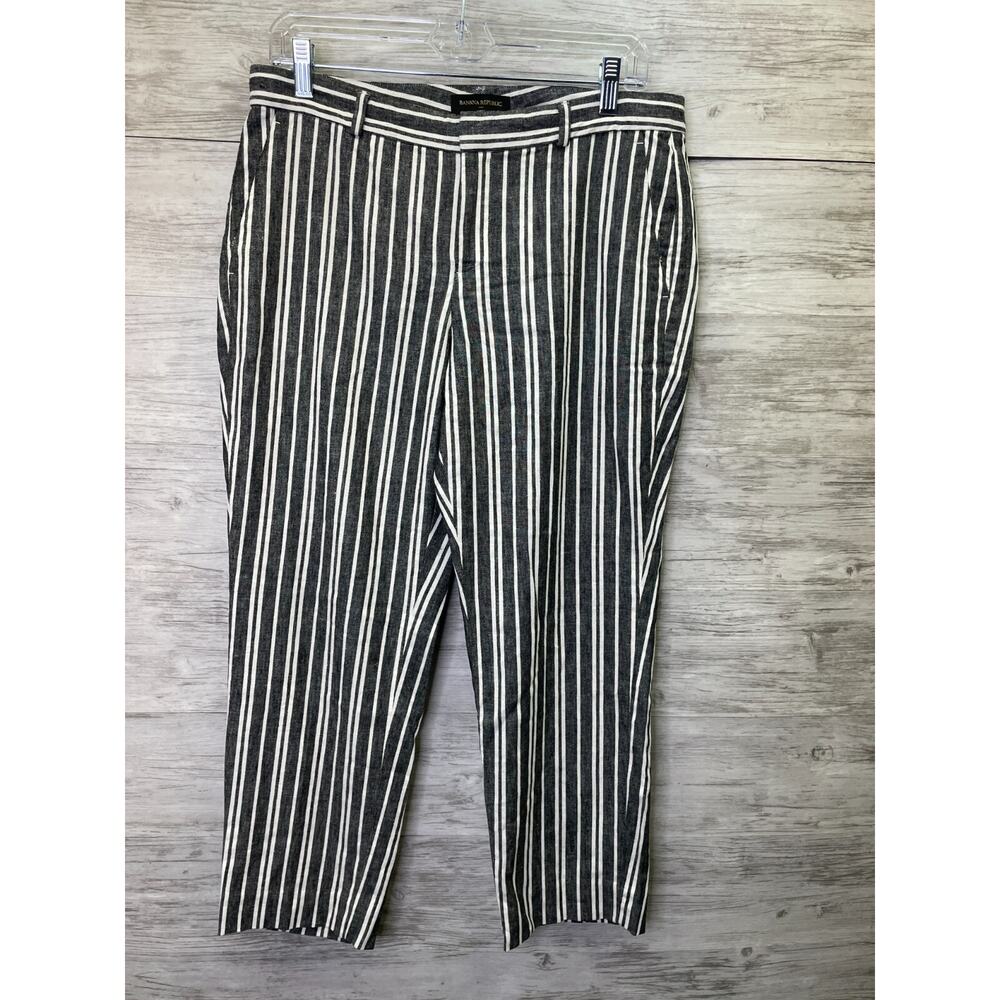 Banana Republic Avery Pants 8 Petite Gray White Striped Cropped Linen 572296-00